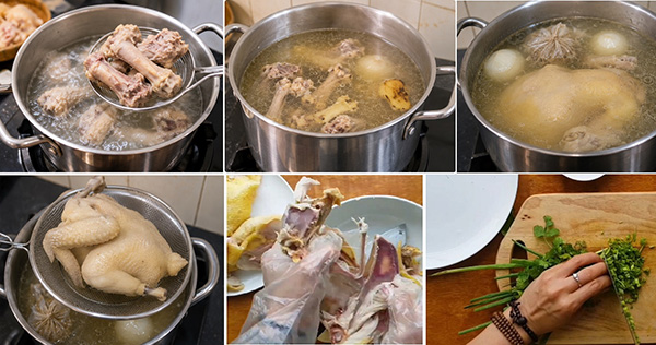 các bước luộc gà và hầm nước dùng