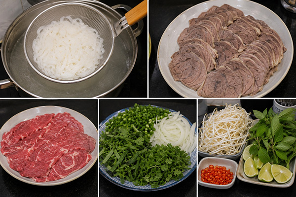 chuẩn bị bánh phở và các nguyên liệu ăn kèm
